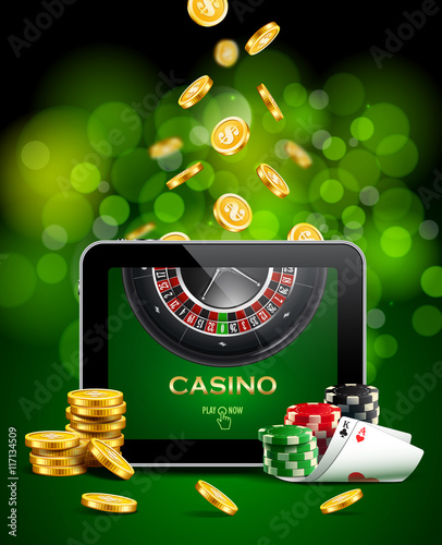 Casino background with tablet, golden coins, cards, roulette and chips.