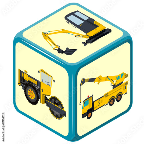 Playing isometric dice. Construction machinery game. Color full cube on white background. Six sides game die. Side with excavator, bagger and truck, risk. Flatten isolated master vector illustration.