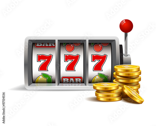 Slot machine with lucky seven and golden coins isolated on a white background.