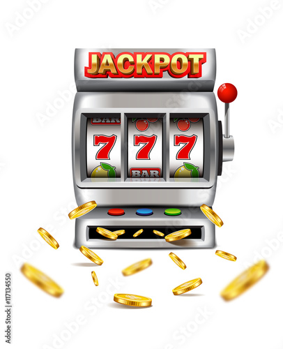 Slot machine with lucky seven and flying golden coins isolated on a white background.