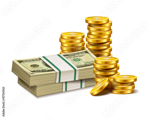 Stacks of golden coins and dollars isolated on a white background.