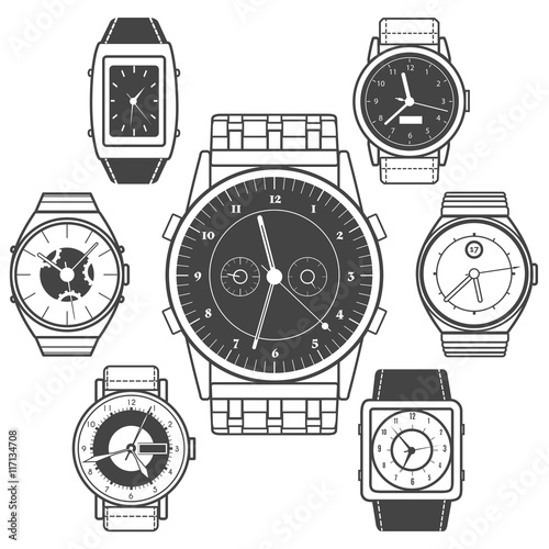 Watch black icons on white background. Vector hand watch set