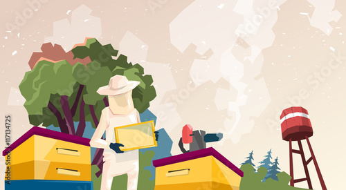 Farmer Gather Honey From Bee Hive Apiary
