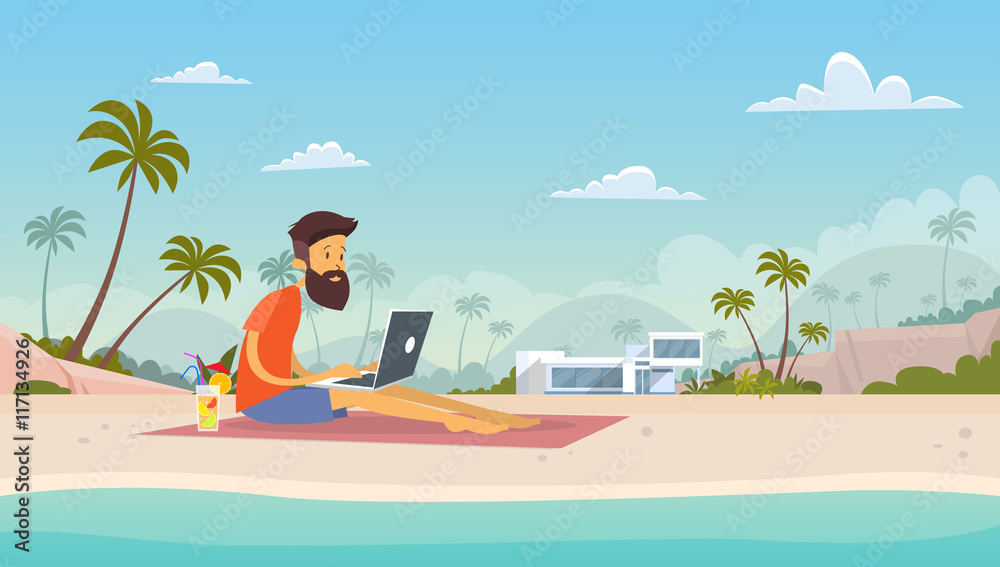 Man Freelance Remote Working Place Using Laptop Beach Summer Vacation Tropical Island