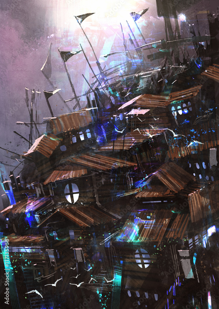 Obraz premium fantasy ancient wooden castle,digital painting