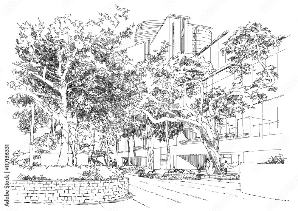 sketch of city landscape,bench in the park under trees