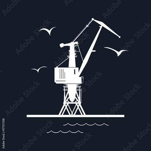 Marine Dockside Crane, Port Cargo Crane Isolated on Black Background, Vector Illustration