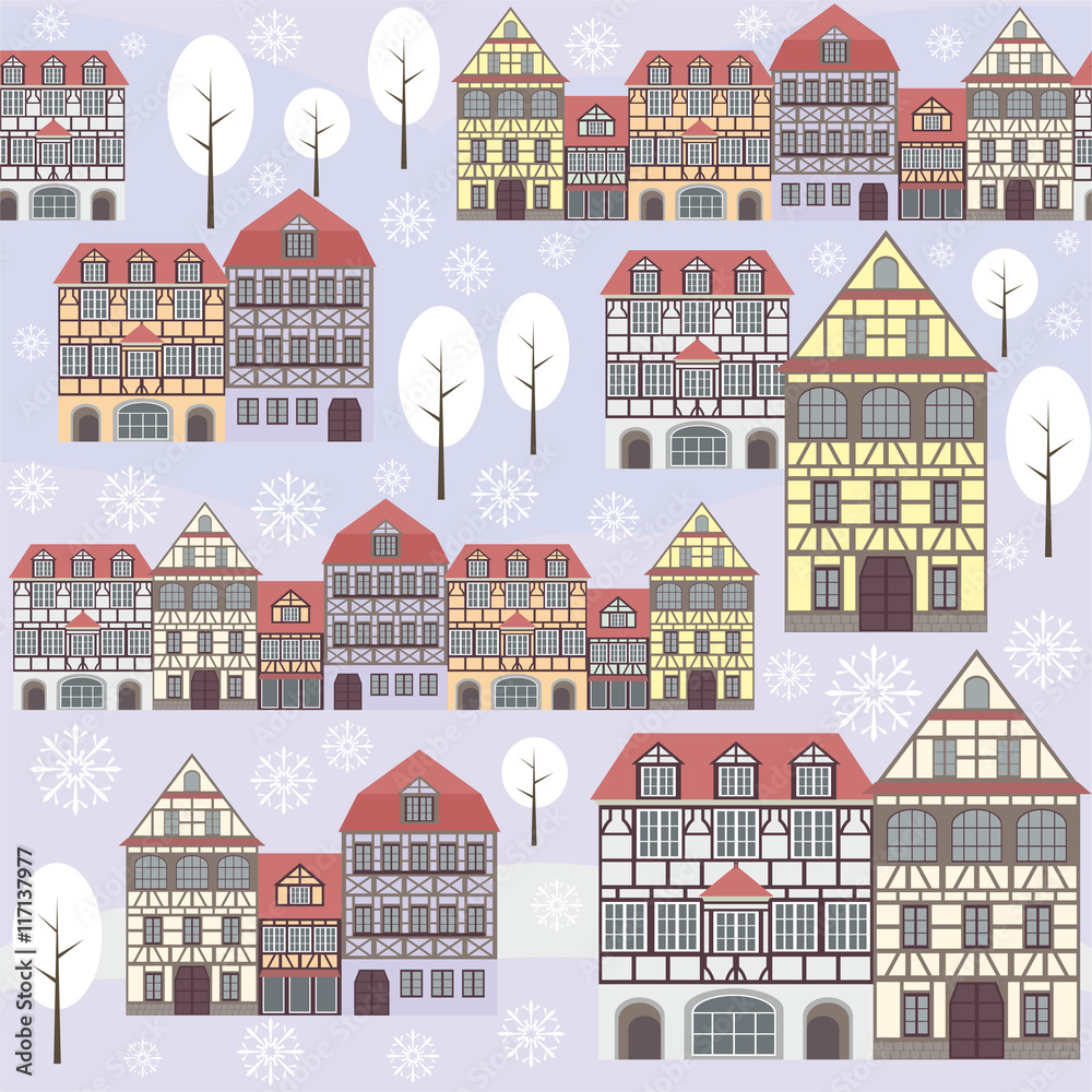 seamless pattern with the image of old town houses, trees and snowflakes. winter cityscape.