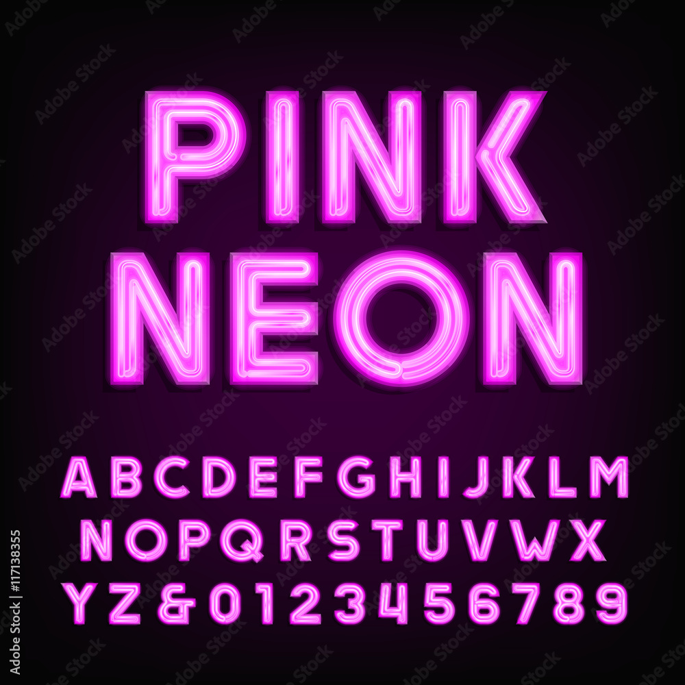 Pink neon tube alphabet font. Type letters and numbers on a dark background. Vector typeface for labels, titles, posters etc.