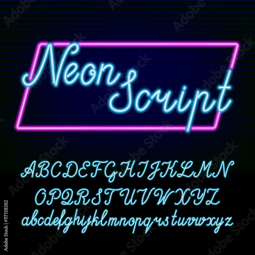 Neon tube alphabet font. Hand drawn script type letters and numbers on a dark background. Vector typeface for labels  titles  posters etc.