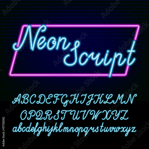 Neon tube alphabet font. Hand drawn script type letters and numbers on a dark background. Vector typeface for labels, titles, posters etc.