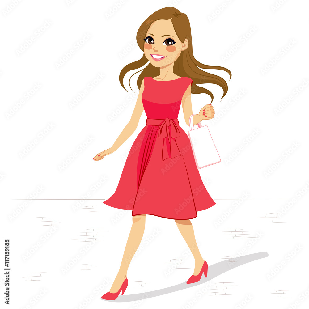 Beautiful woman in pink dress and high heels walking street with white bag Beautiful woman in pink dress and high heels walking street with white bag