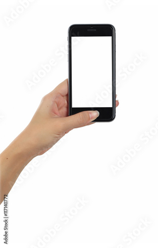 Hand holding smart phone isolated white background, use clipping