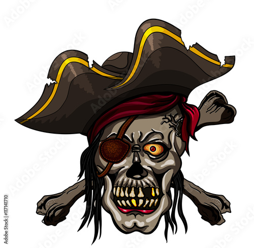 Danger pirate skull in red bandanna and crossbones