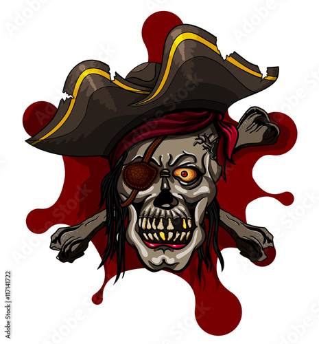 Danger pirate skull in red bandanna and crossbones