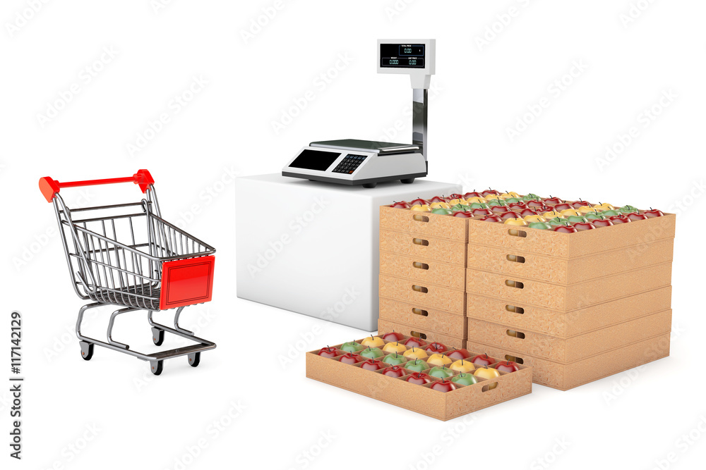 Electronic Scales for weighing Food with Apples Boxes. 3d Render
