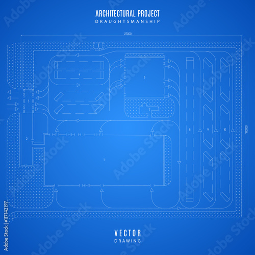 architectural blueprint, technical drawing, construction plan or project on the blue background. stock vector illustration eps10