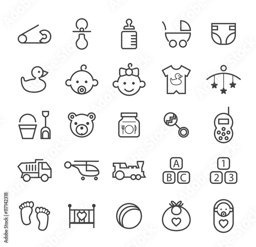Set of Quality Isolated Universal Standard Minimal Simple Baby Black Thin Line Icons on White Background. 