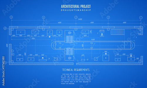 architectural blueprint, technical drawing, construction plan or project on the blue background. stock vector illustration eps10