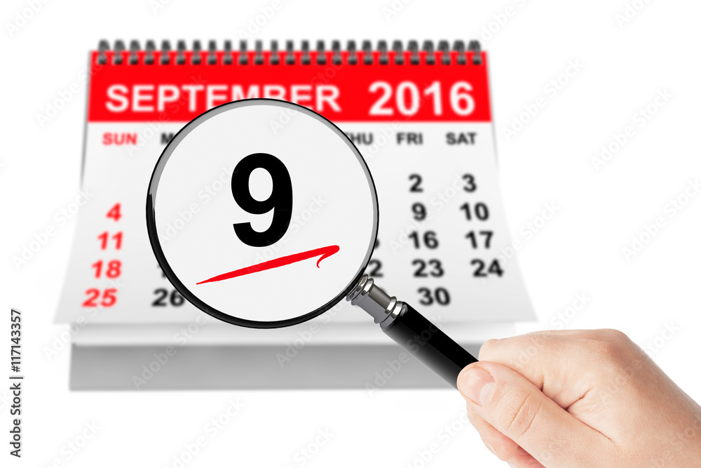 Beauty Day Concept. 9 september 2016 calendar with magnifier Beauty Day Concept. 9 september 2016 calendar with magnifier