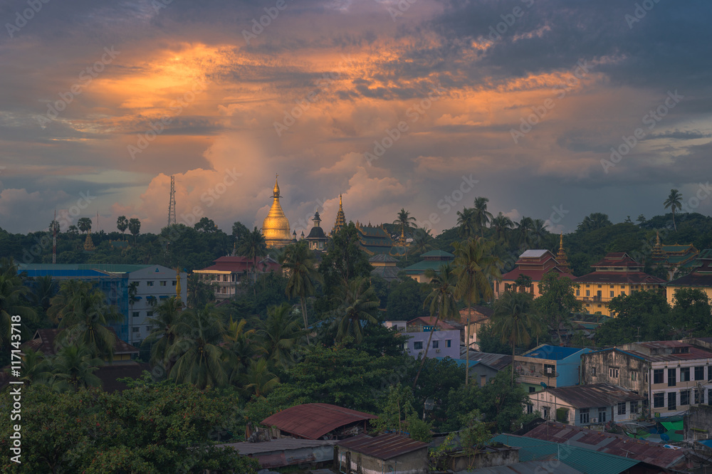 Maha Wizaya Pagoda view from rooftop, Yangon (Rangoon), Myanmar (Burma). 
