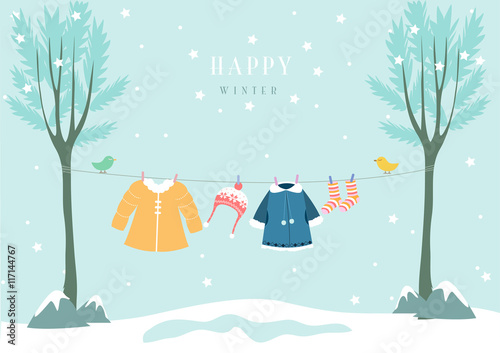 Winter clothes in snow forest, Design for baby cards