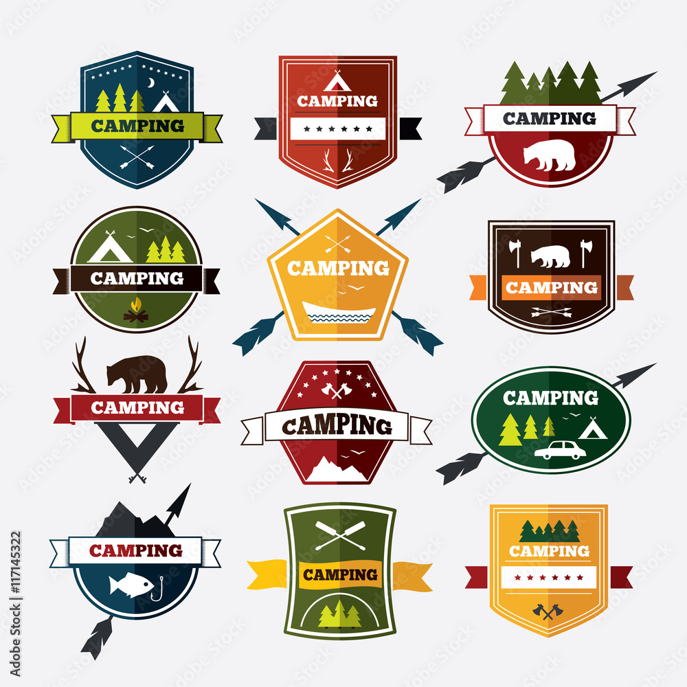 Set of vintage camping and outdoor activity logos