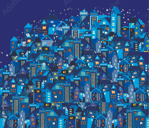 Night city with cartoon houses