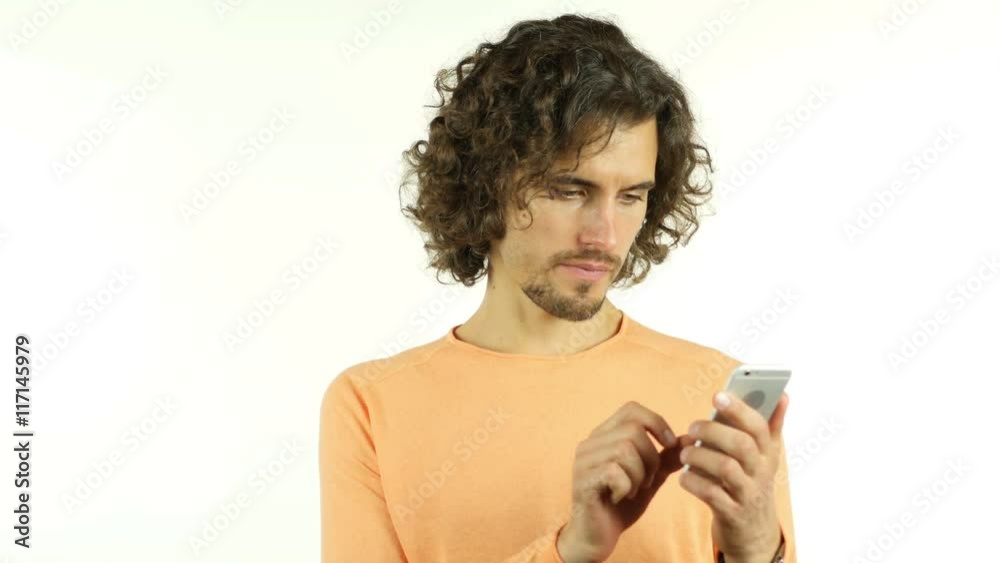 Using Smartphone for Surfing, Man with Curly Hairs Using Smartphone for Surfing, Man with Curly Hairs