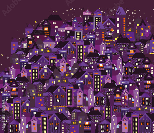 Night city with cartoon houses
