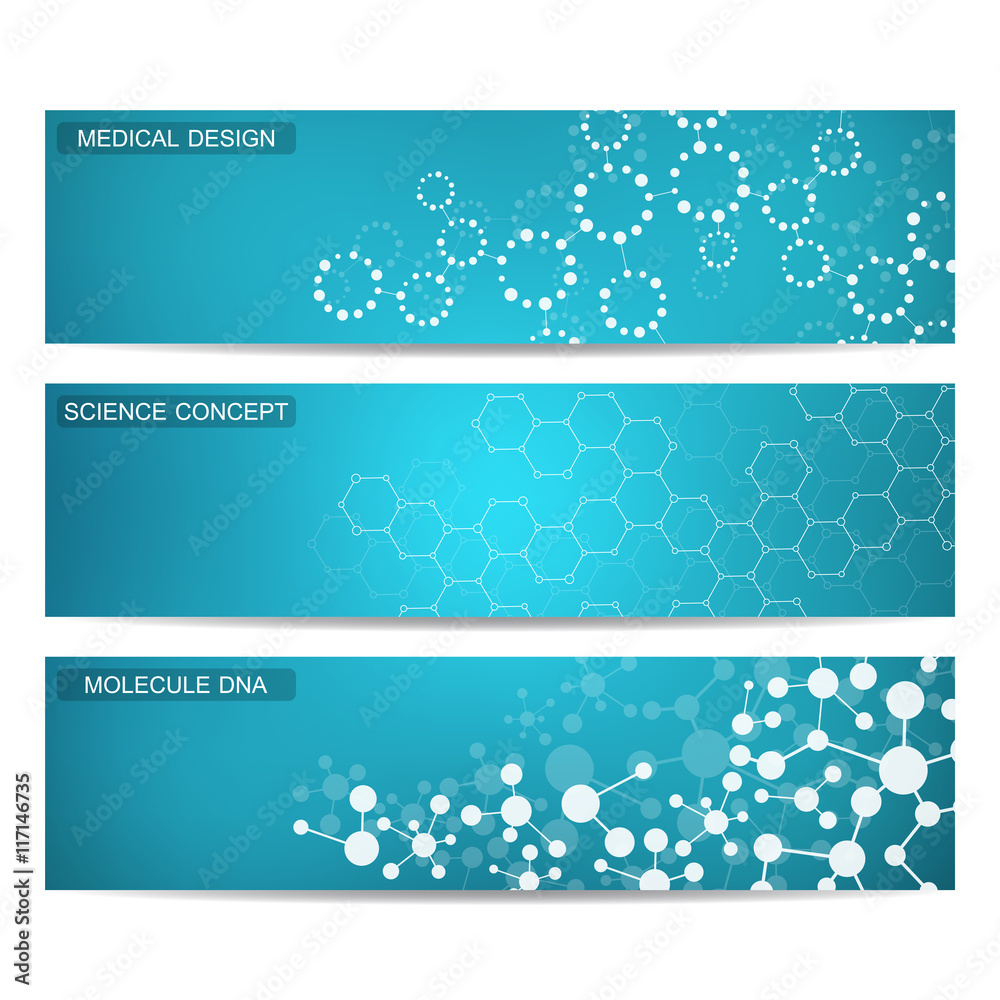 Set of modern scientific banners. Molecule structure DNA and neurons. Abstract background. Medicine, science, technology. Vector illustration for your design.