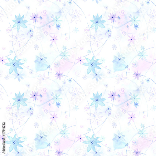blue stars and flowers, seamless pattern, watercolor abstract background