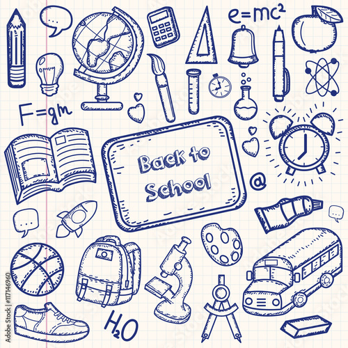 Back to School doodle set. Hand draw school items on a sheet of exercise book. Vector