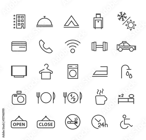 Set of Quality Universal Standard Minimal Simple Hotel Black Thin Line Icons on White Background.