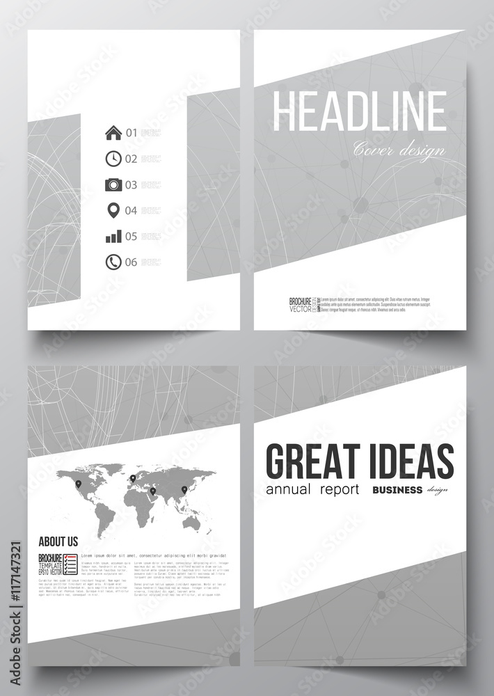 Set of business templates for brochure, magazine, flyer, booklet or annual report. Molecular construction with connected lines and dots, scientific pattern on gray background. Set of business templates for brochure, magazine, flyer, booklet or annual report. Molecular construction with connected lines and dots, scientific pattern on gray background.