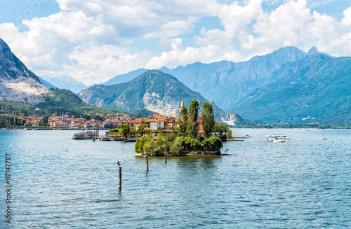Landscape of lake Maggiore with Fishermen Island (Isola dei Pescatori). View from Island Bella.

