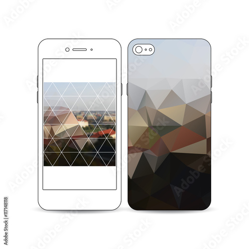 Mobile smartphone with an example of the screen and cover design isolated on white. Polygonal background, blurred image, urban landscape, Prague cityscape, modern triangular texture
