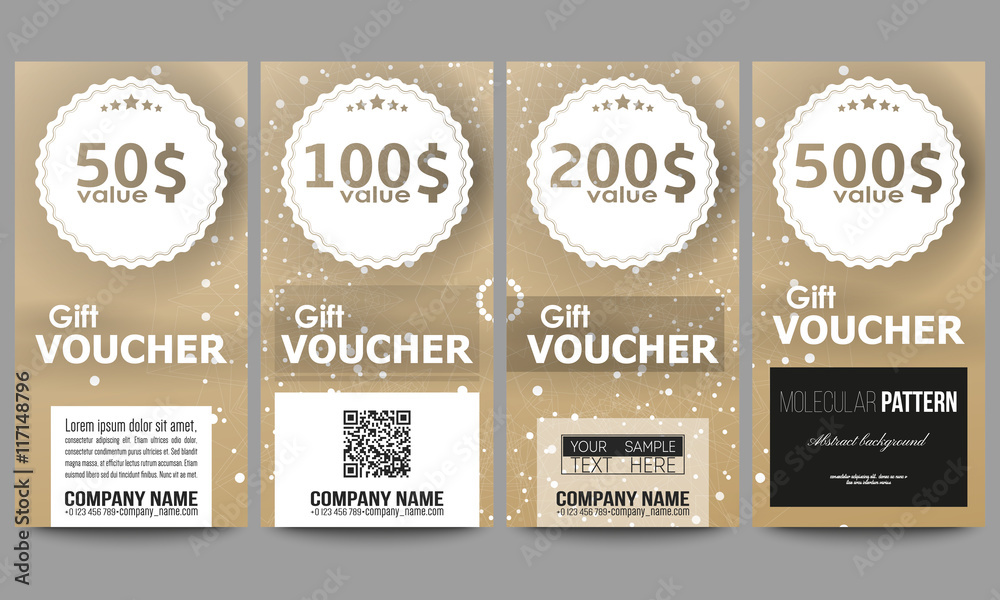 Set of modern gift voucher templates. Abstract polygonal low poly backdrop with connecting dots and lines, golden background, connection structure. Digital or science vector