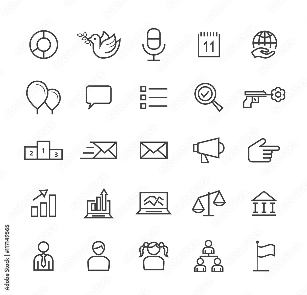 Set of Quality Isolated Universal Standard Minimal Simple Black Thin Line Politics Concepts Icons on White Background. Set of Quality Isolated Universal Standard Minimal Simple Black Thin Line Politics Concepts Icons on White Background.