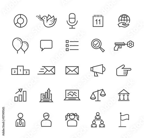 Set of Quality Isolated Universal Standard Minimal Simple Black Thin Line Politics Concepts Icons on White Background. 