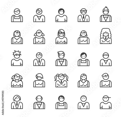 Set of Quality Universal Standard Minimal Simple People Black Thin Line Icons on White Background. 