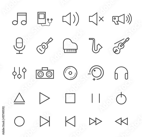 Set of Quality Isolated Universal Standard Minimal Simple Music Black Thin Line Icons on White Background.