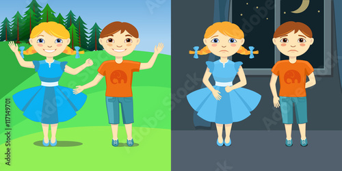 Vector Illustration of Sad and Happy Children. Boy and girl with different expressions. Kids joy on nature or fear in dark room.