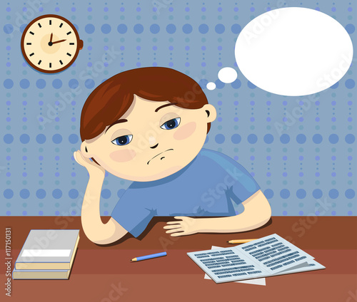 A pensive boy sitting by the table does not want to do boring homework and thinks about something. Vector illustration.