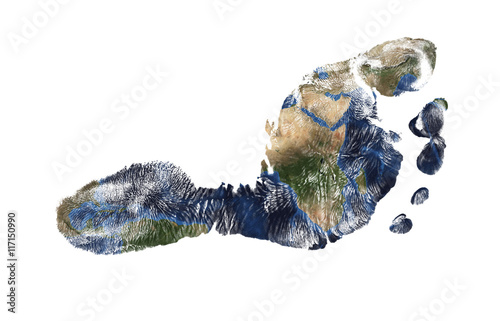 Real imprint of child foot combined with a map of our blue planet Earth - isolated on white background.
Elements of this image furnished by NASA