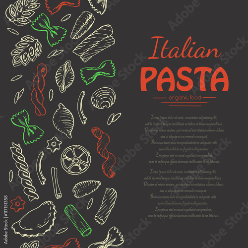 Vertical seamless pattern with Italian pasta on dark background