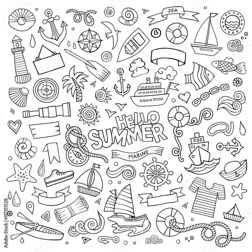 Marine nautical hand vector symbols and objects