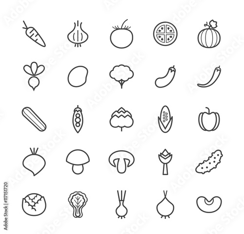 Set of Quality Isolated Universal Standard Minimal Simple Black Thin Line Vegetables Icons on White Background.