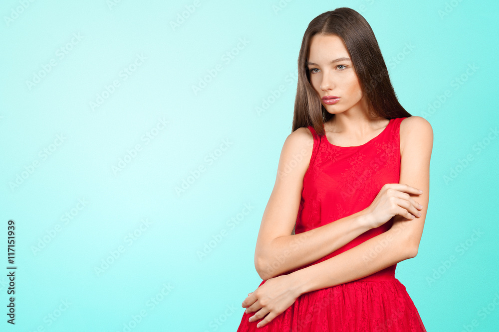 beautiful girl with long brown hair in red dress beautiful girl with long brown hair in red dress