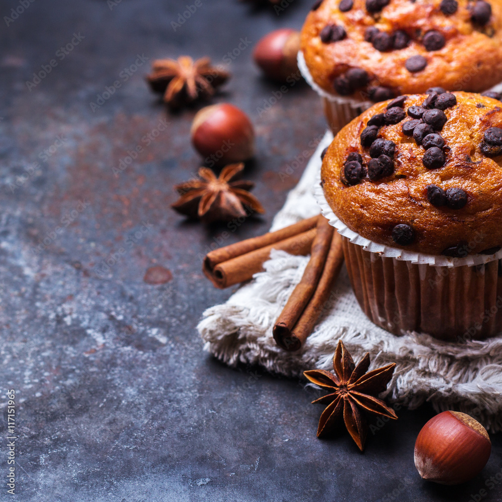 Homemade chocolate chip muffins for breakfast